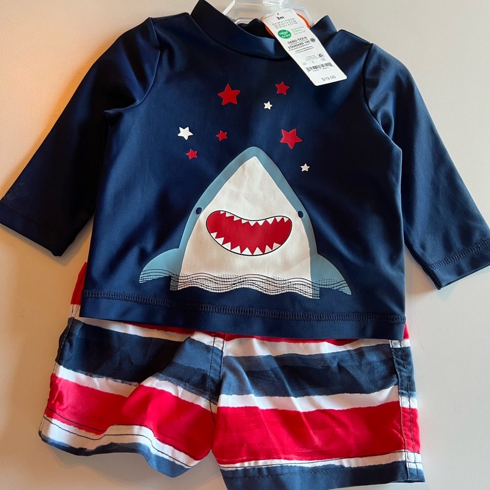 Carter’s Baby Boy Shark Rash Guard And Trunks Swim Set 3 Months NEW